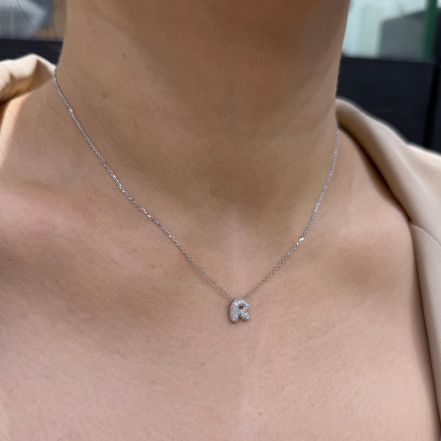 Lab Diamond baby bubble initial pendant with necklace