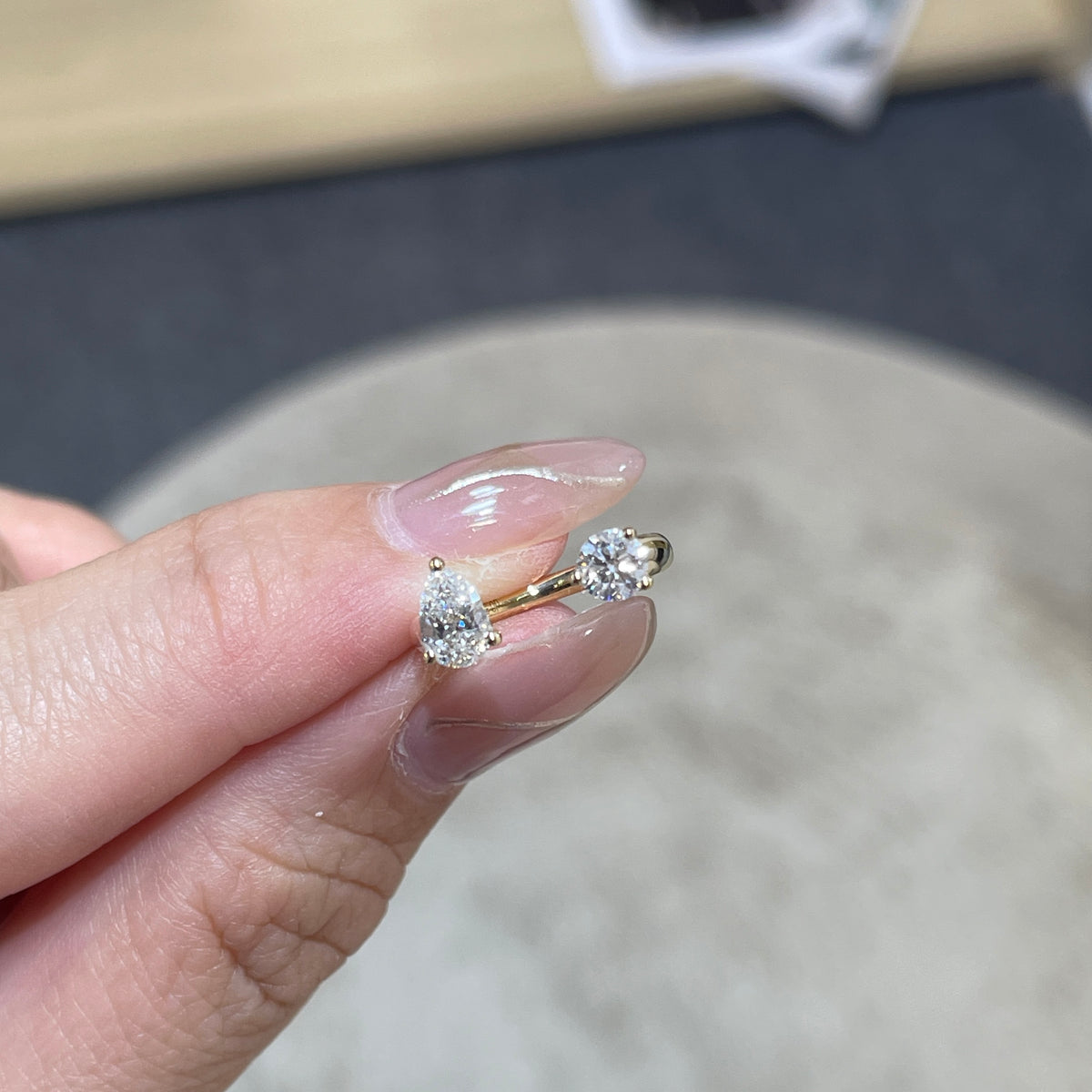 9K Lab diamond Round and Pear 0.5ct duo invisible open pinky ring