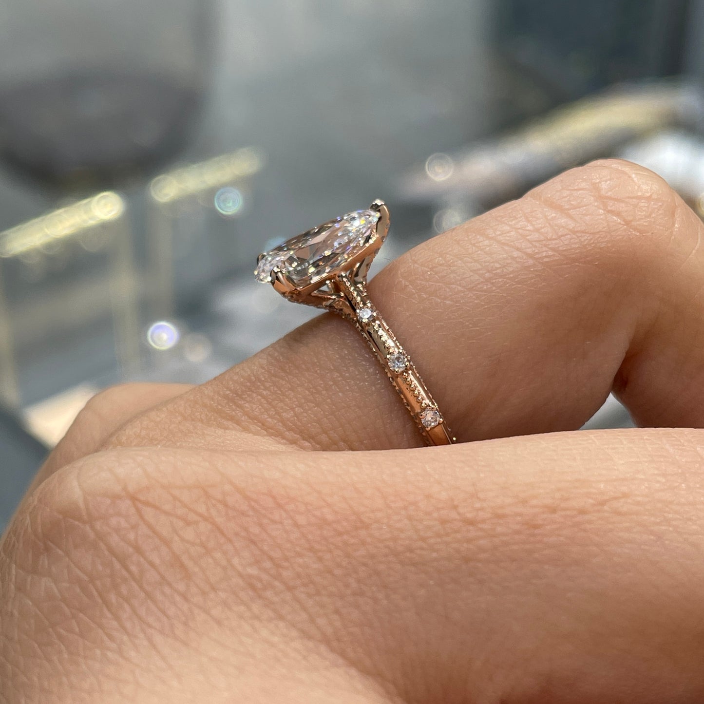IGI Lab diamond Pear 2ct milgrain under paved ring