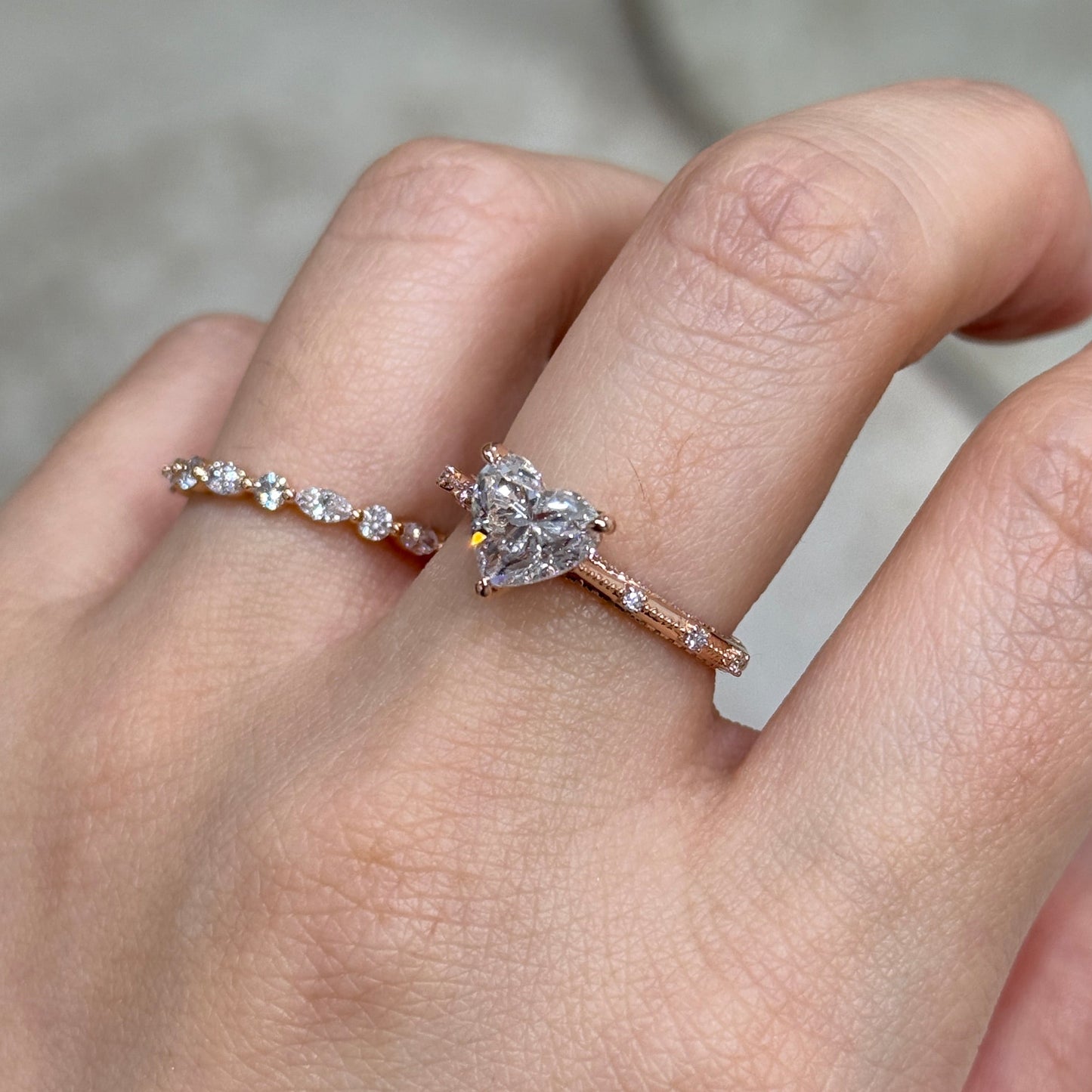 IGI Lab diamond heart shape 2ct milgrain under paved ring