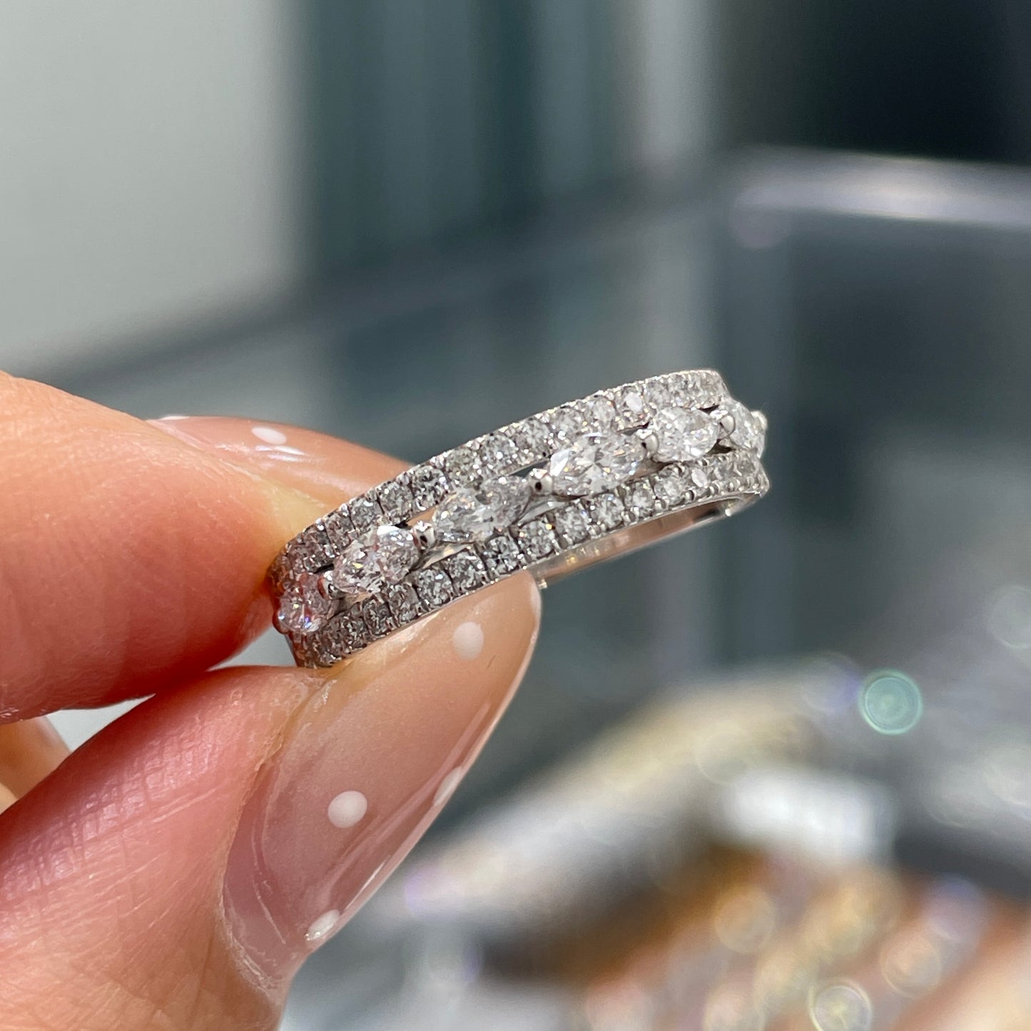 Lab diamond marquise and round 0.8ct three-row half eternity ring