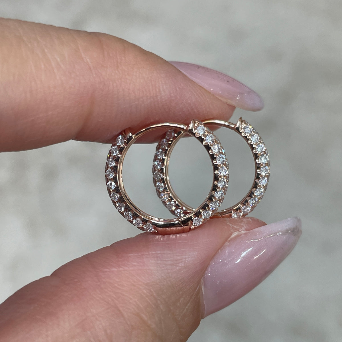 9k Lab diamond round 0.94ct double side three row 11mm hoop earrings-pair