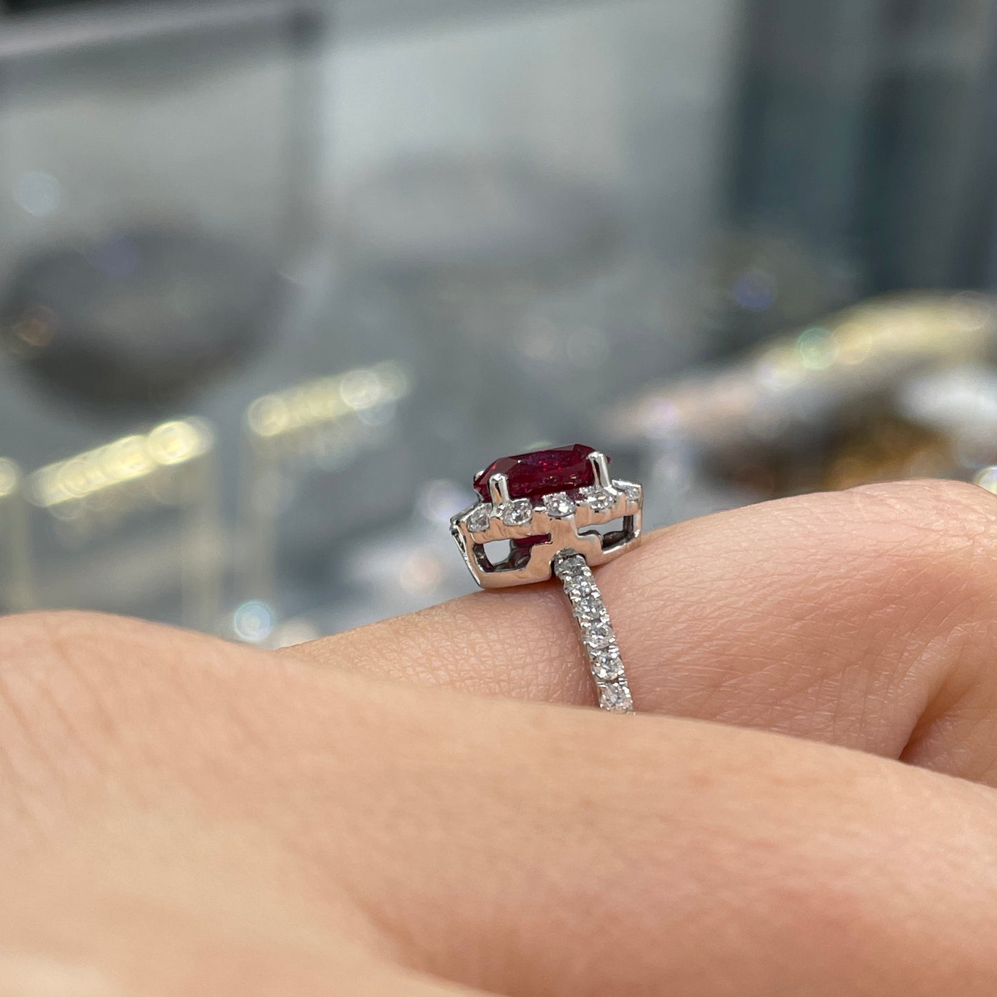 Lab Ruby Oval shape 1.5ct two way halo pave ring