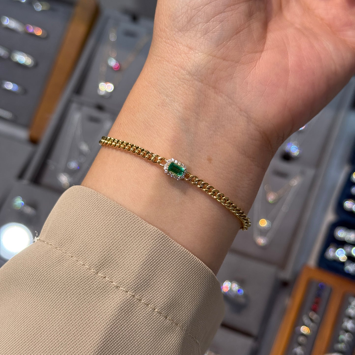 Lab Emerald emerald Cut 0.25ct halo setting 3.1mm cuban bracelet