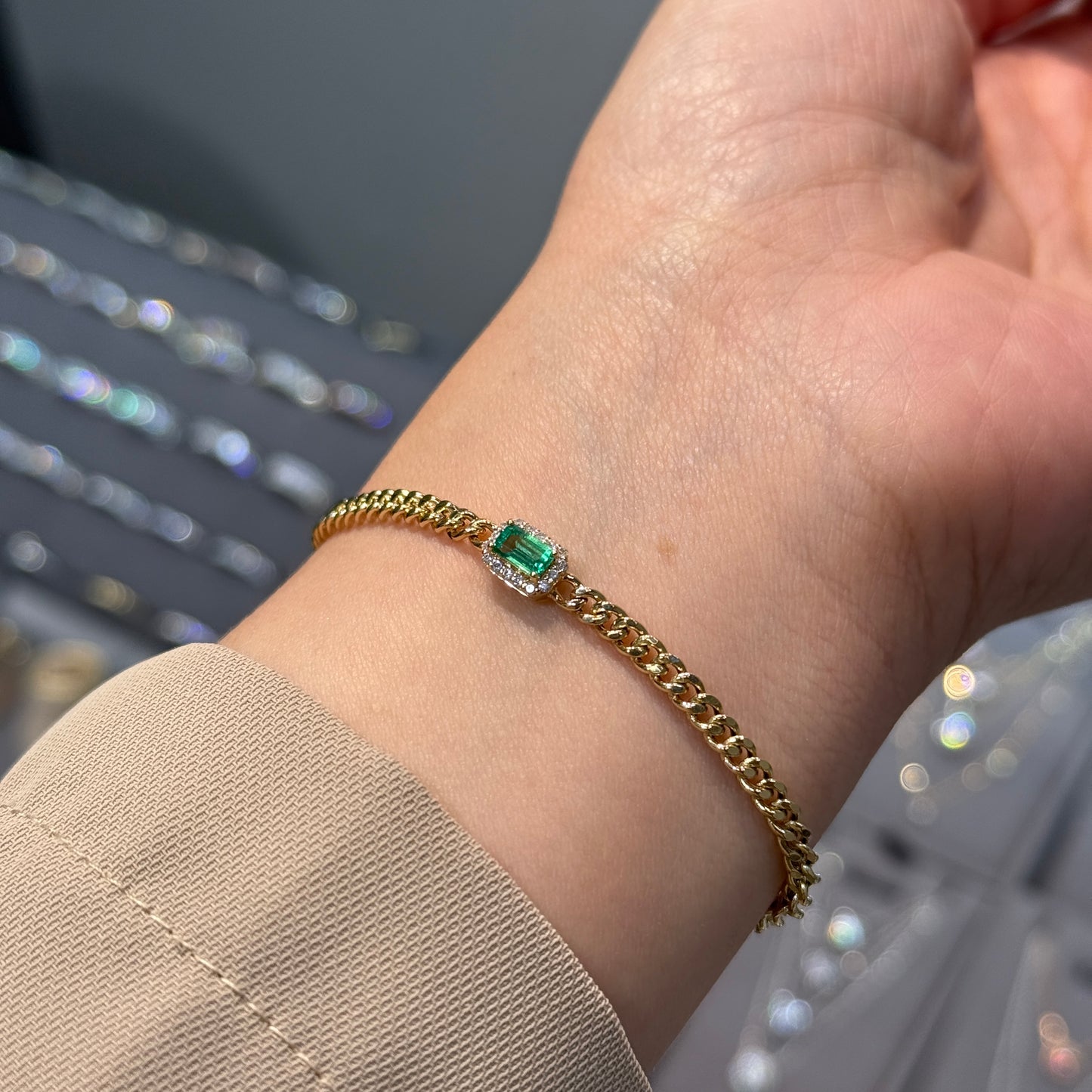 Lab Emerald emerald Cut 0.25ct halo setting 3.1mm cuban bracelet