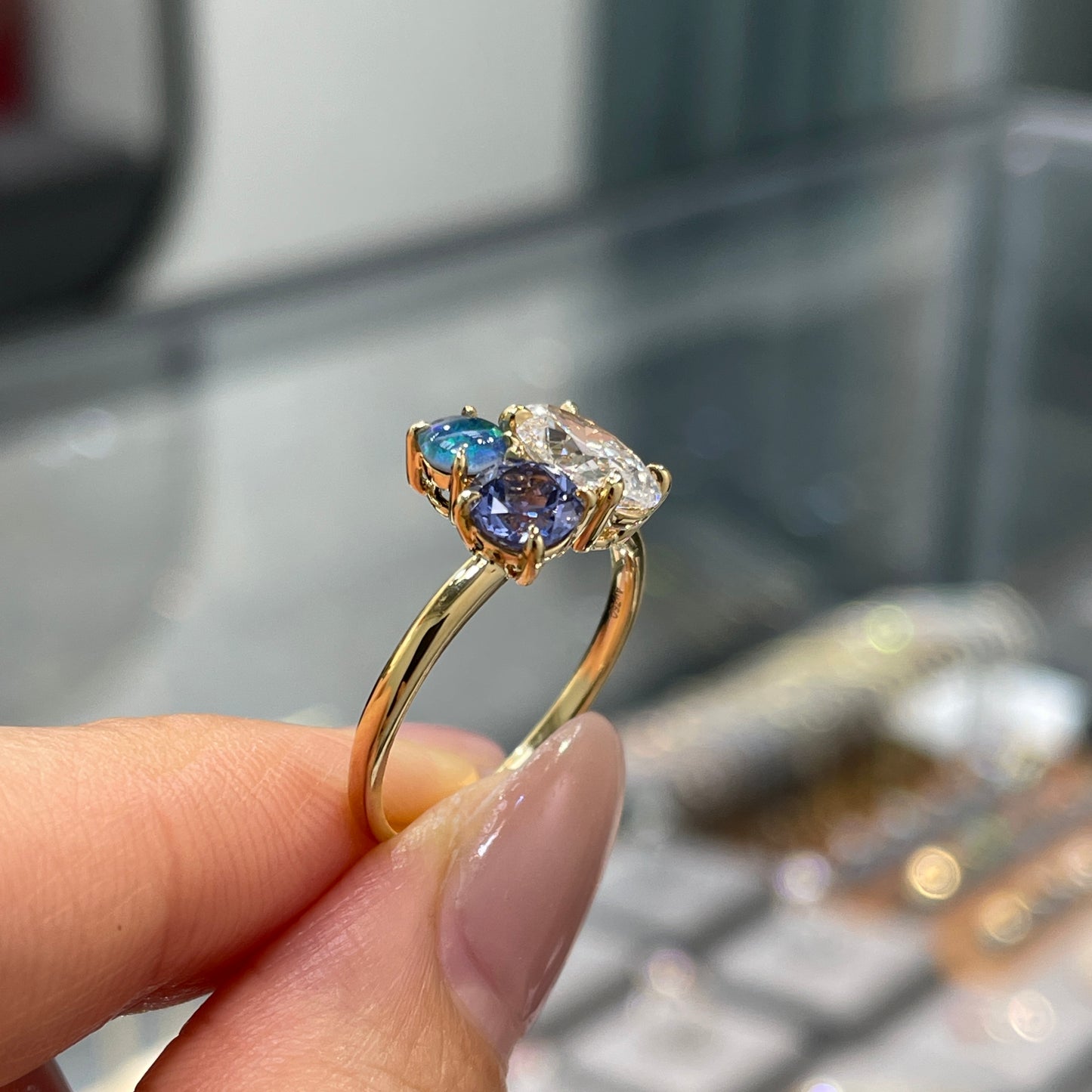 Lab diamond Oval shape with sapphire and natural opal round 1.95ct three stone ring