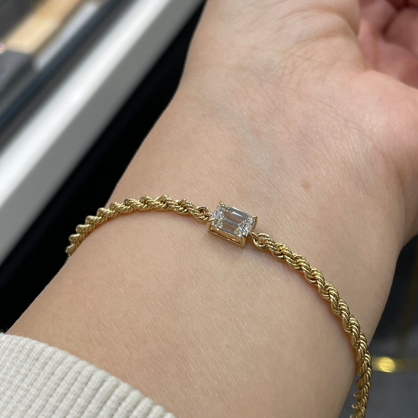 Lab diamond Emerald cut 1ct twist rope chain bracelet