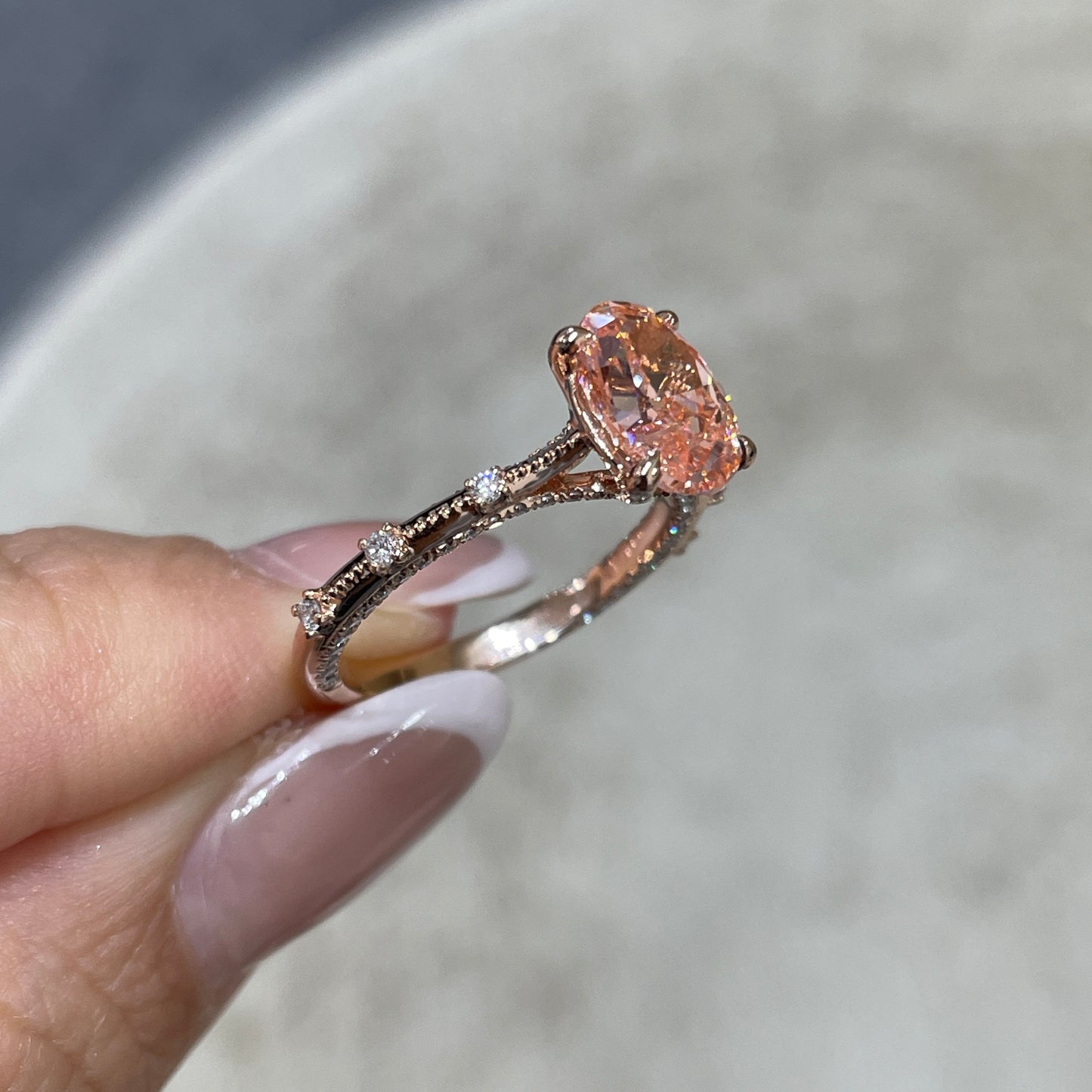 IGI Lab pink diamond oval shape 2ct milgrain under paved ring