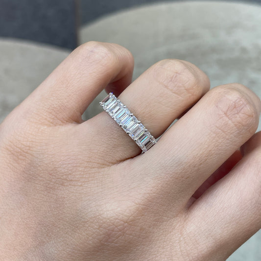 9k Lab diamond emerald cut 2.4ct U-prong pave eternity ring