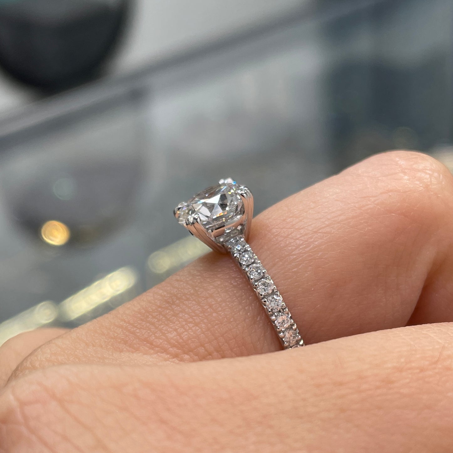 Lab diamond Round 2.3ct four double prong pave ring