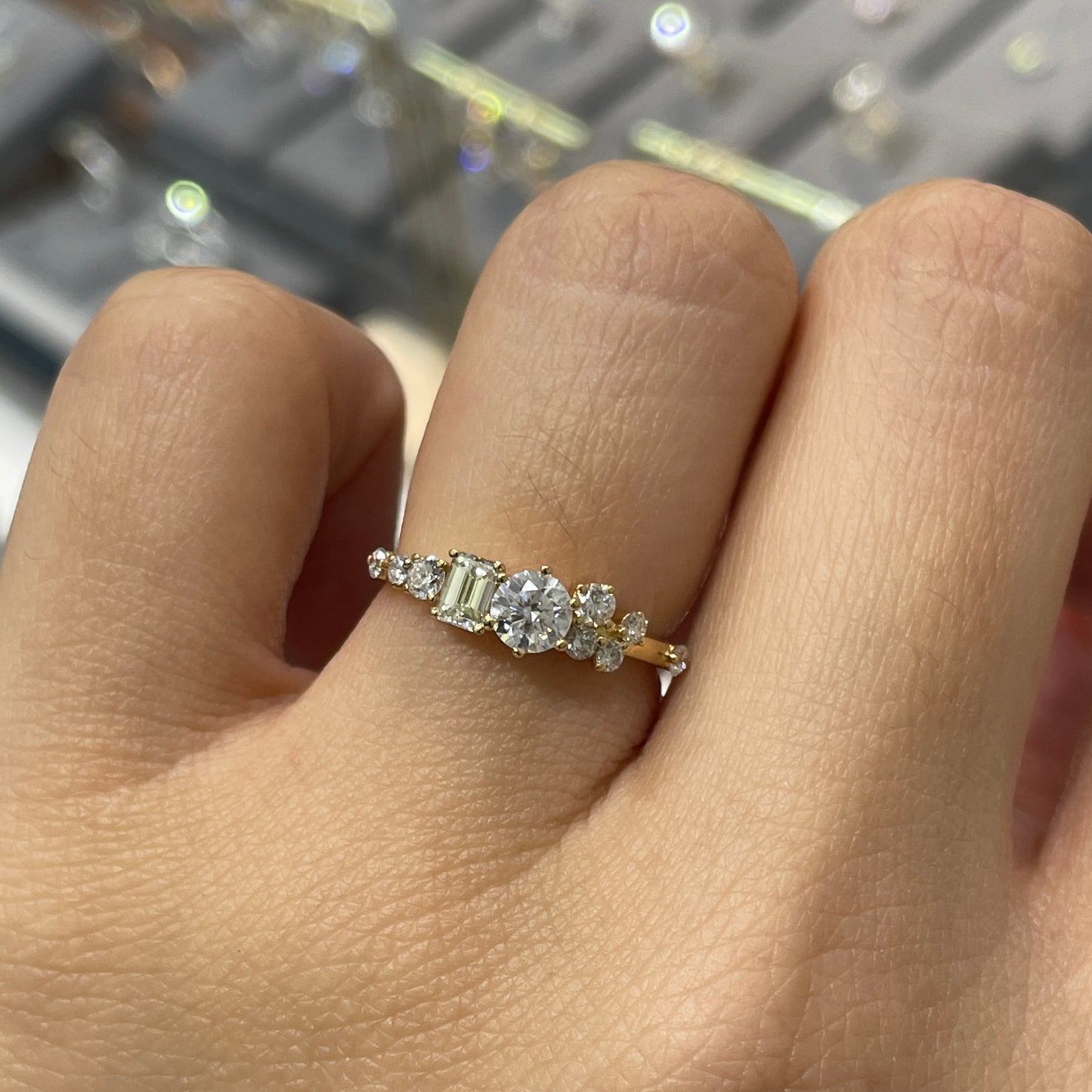 Lab diamond Round and Emerald cut 0.8ct pave ring