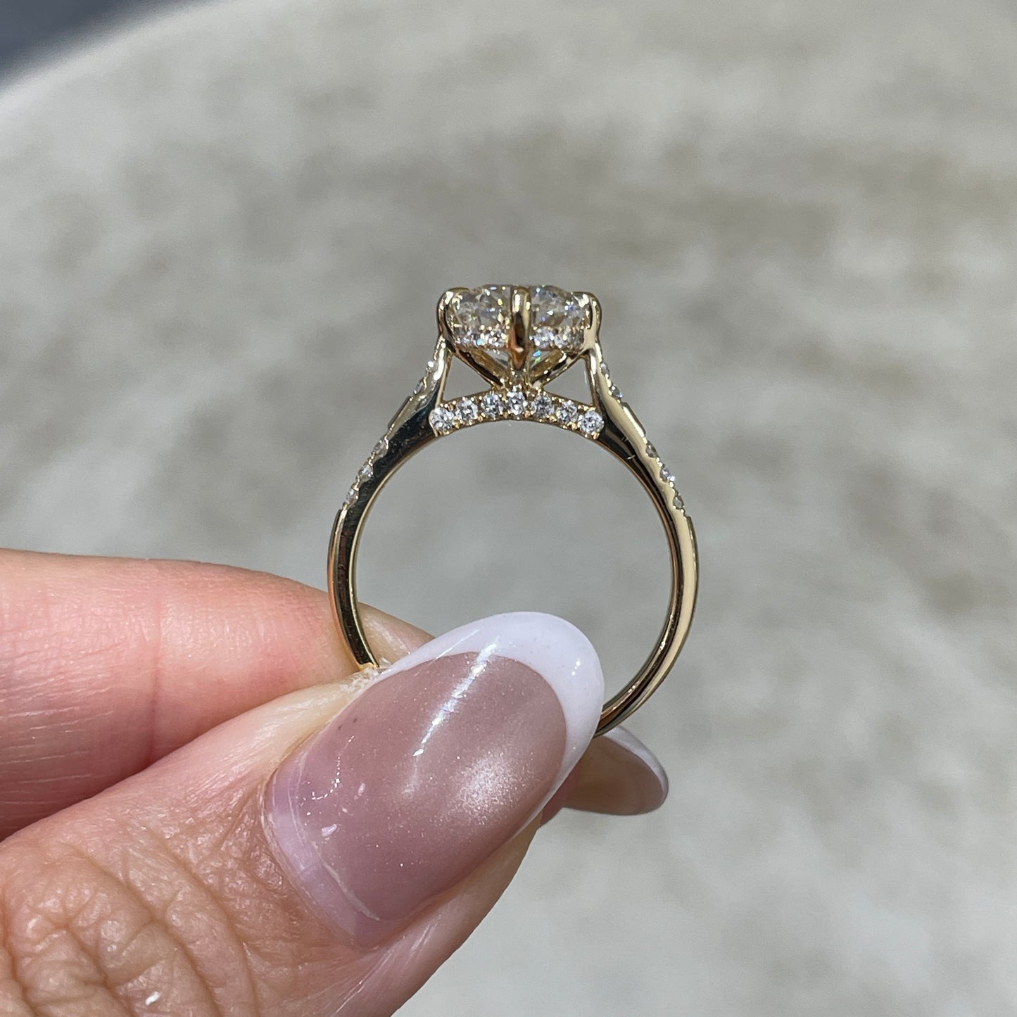 IGI Lab diamond long cushion cut 2.5ct four-prong compass underhalo side stone ring