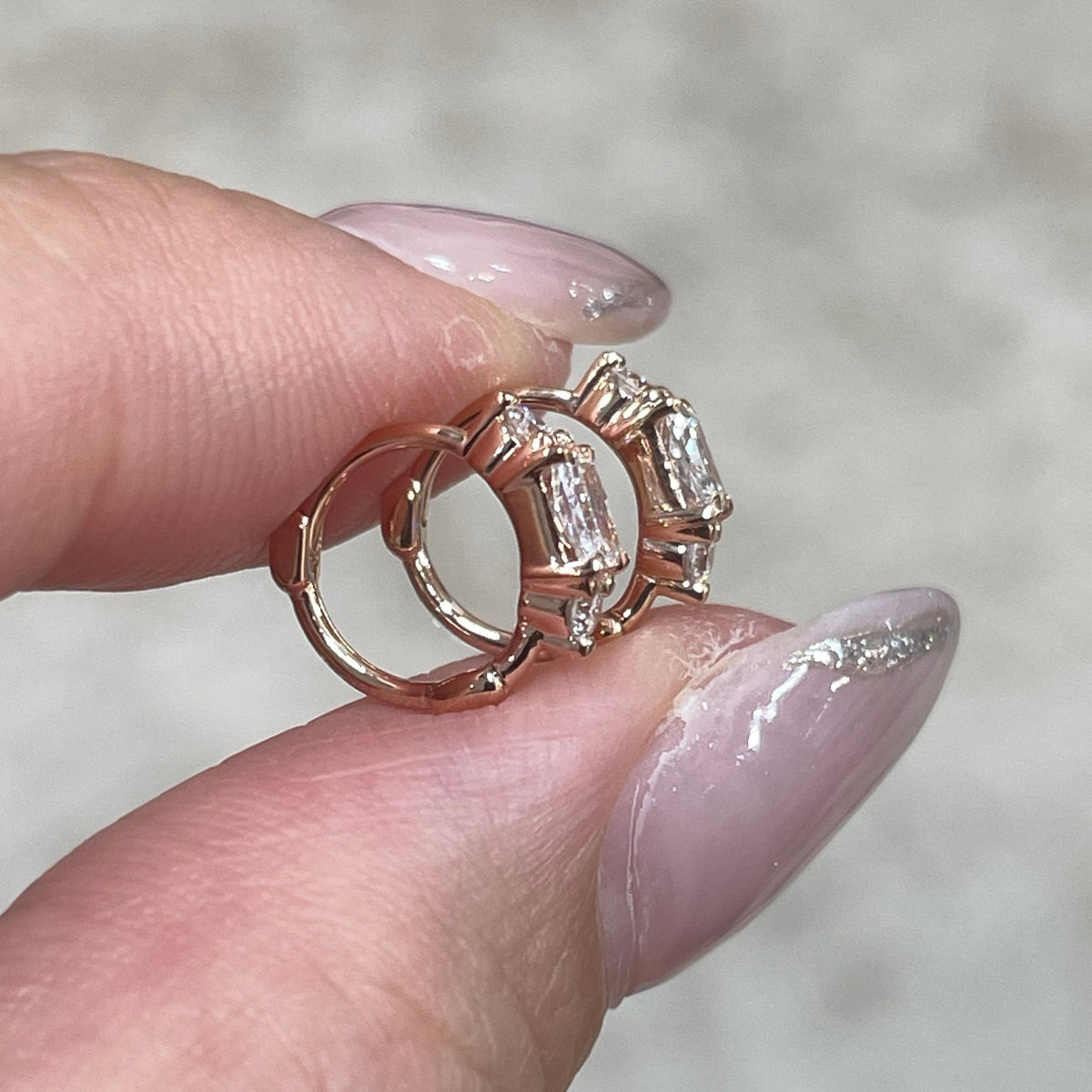 Lab diamond radiant and round 0.15ct three stone 7mm thin hoop earring - each