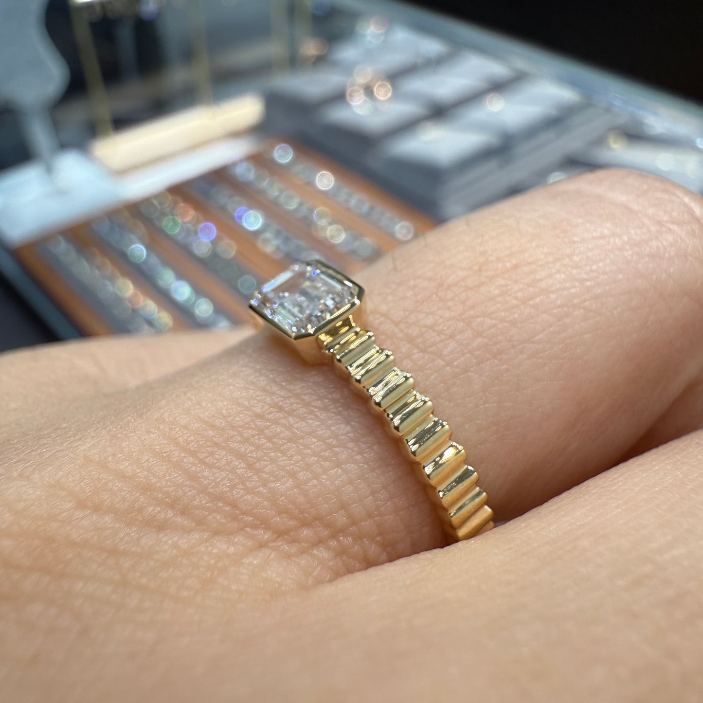 Lab diamond Emerald cut 0.6ct horizontal bezel set with vertical line band ring