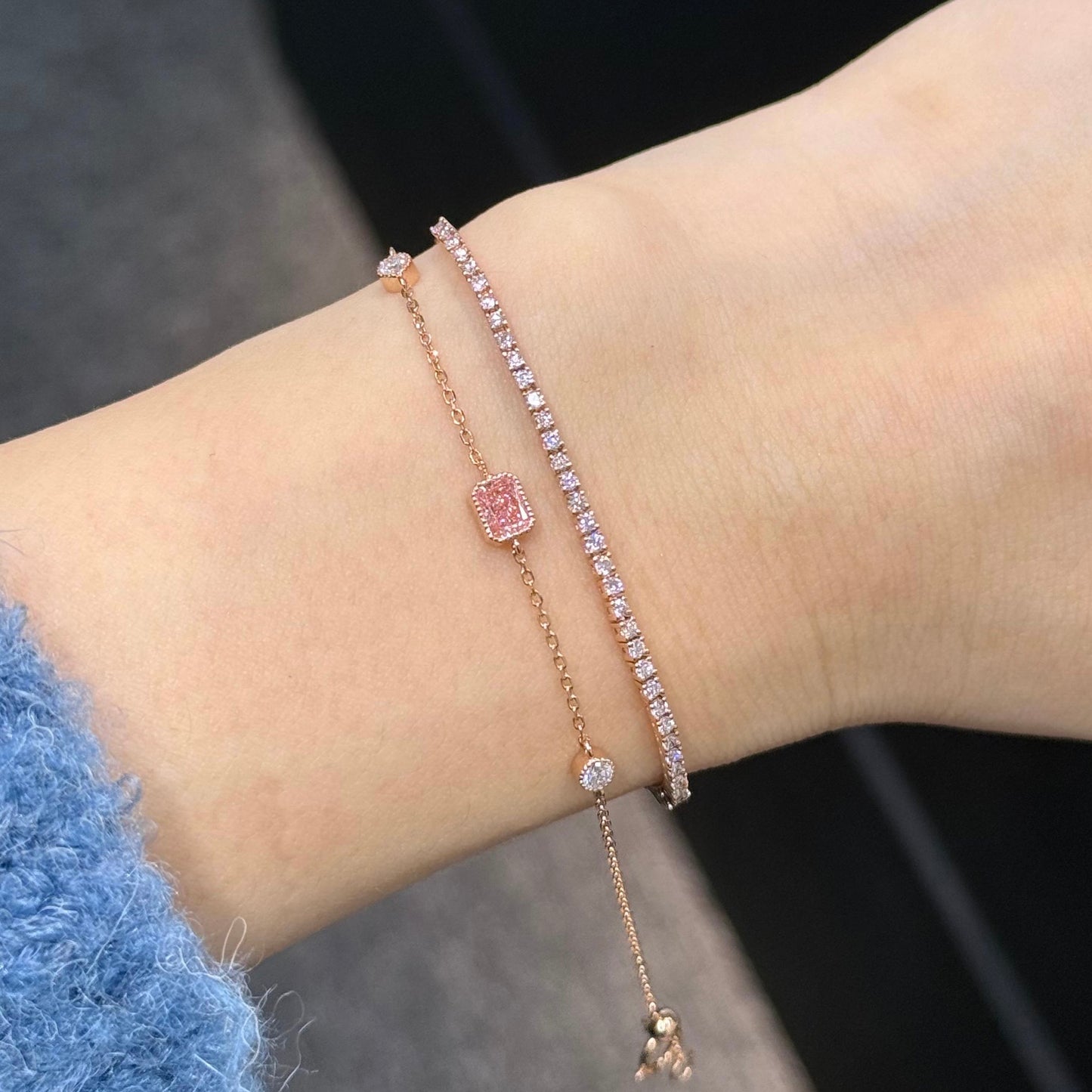 Lab pink diamond radiant cut 0.35ct milgrain bezel with little diamond bracelet