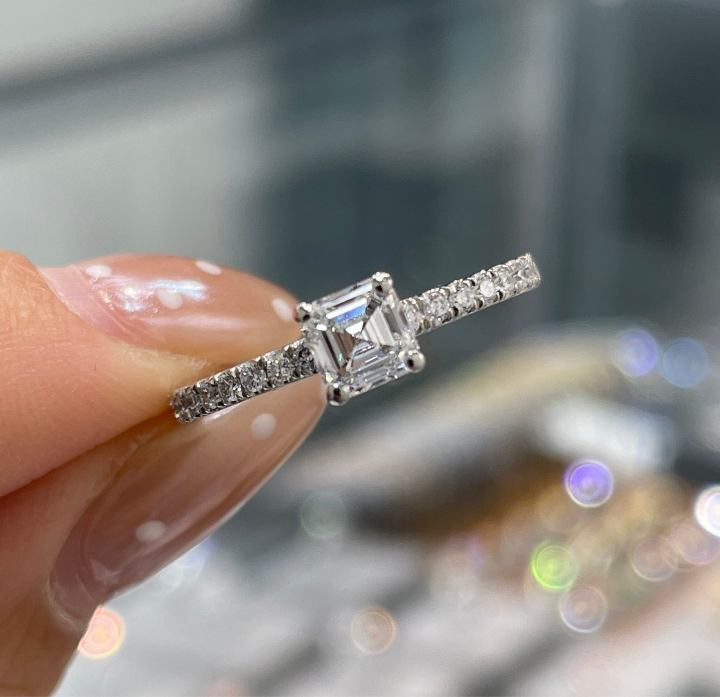 Lab diamond Asscher cut 0.5ct four-prong pave ring