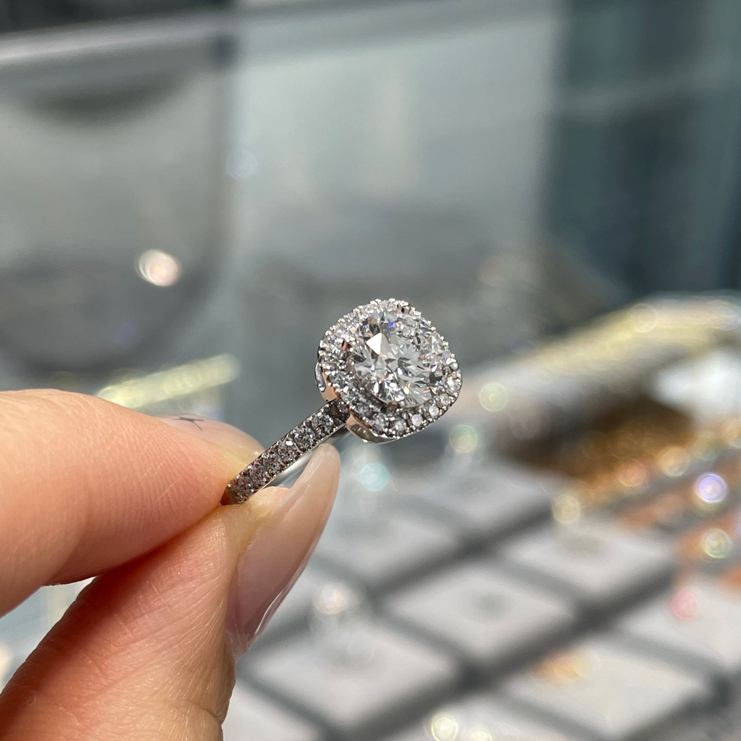 IGI Lab diamond round 1.3ct cushion shape halo two way pave ring