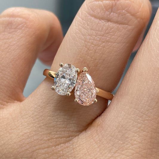 IGI pink diamond pear 0.7ct with lab diamond oval 0.7ct toi et moi ring