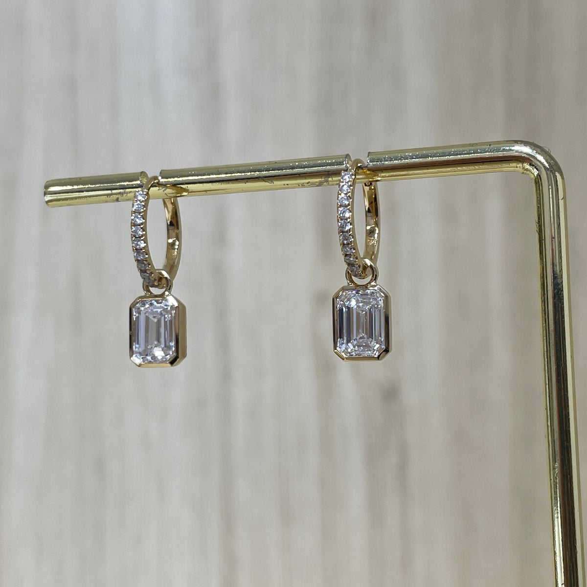 Lab diamond emerald cut 2.14ct four-prong bezel two way hoop earrings - pair