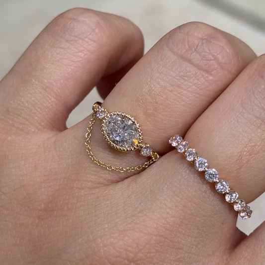 Lab Diamond oval shape 1.08ct milgrain bezel chain ring