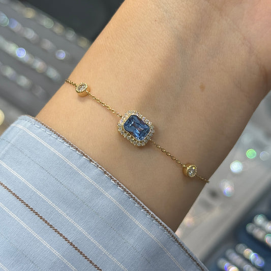 Lab sapphire Santa maria aquamarine color Radiant cut 1.4ct halo with round milgrain bezel bracelet