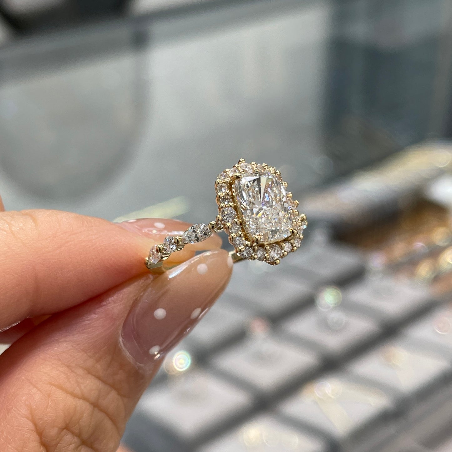 IGI Lab diamond long cushion cut 1.5ct halo with marquise and round mix pave ring