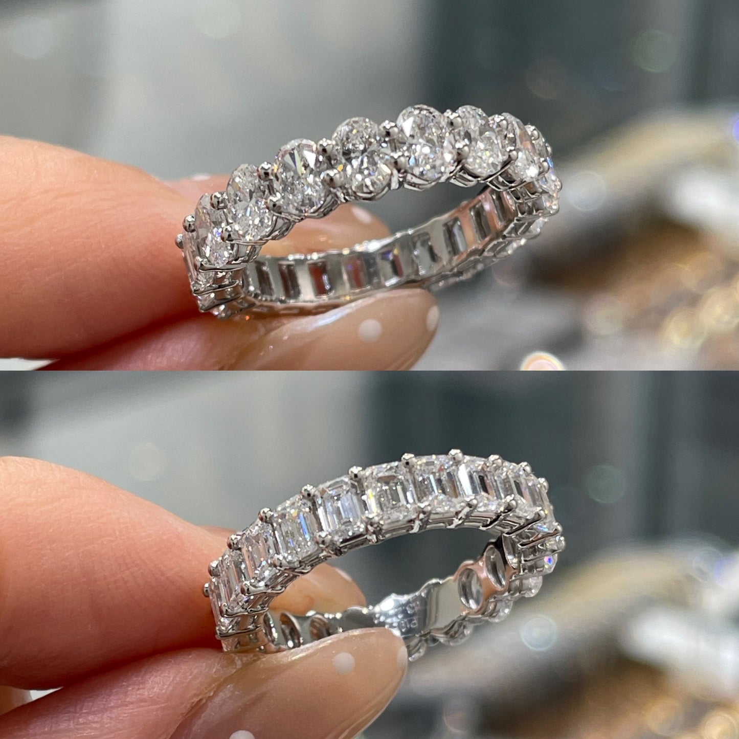Lab diamond oval & emerald cut half half 3ct full eternity ring