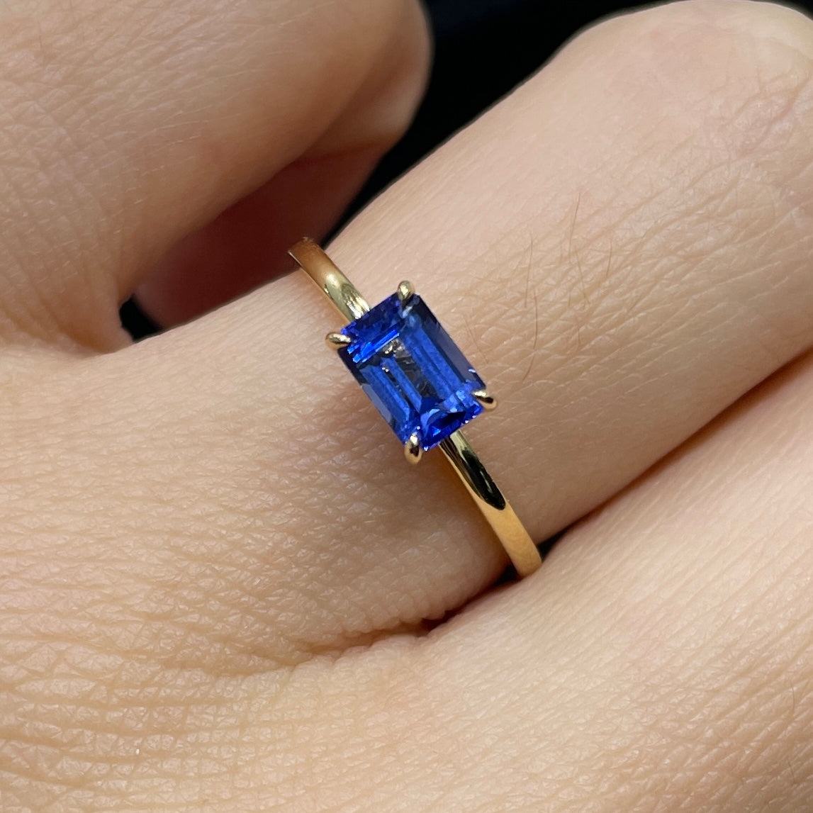Lab sapphire cornflower color emerald cut 0.9ct solitaire ring