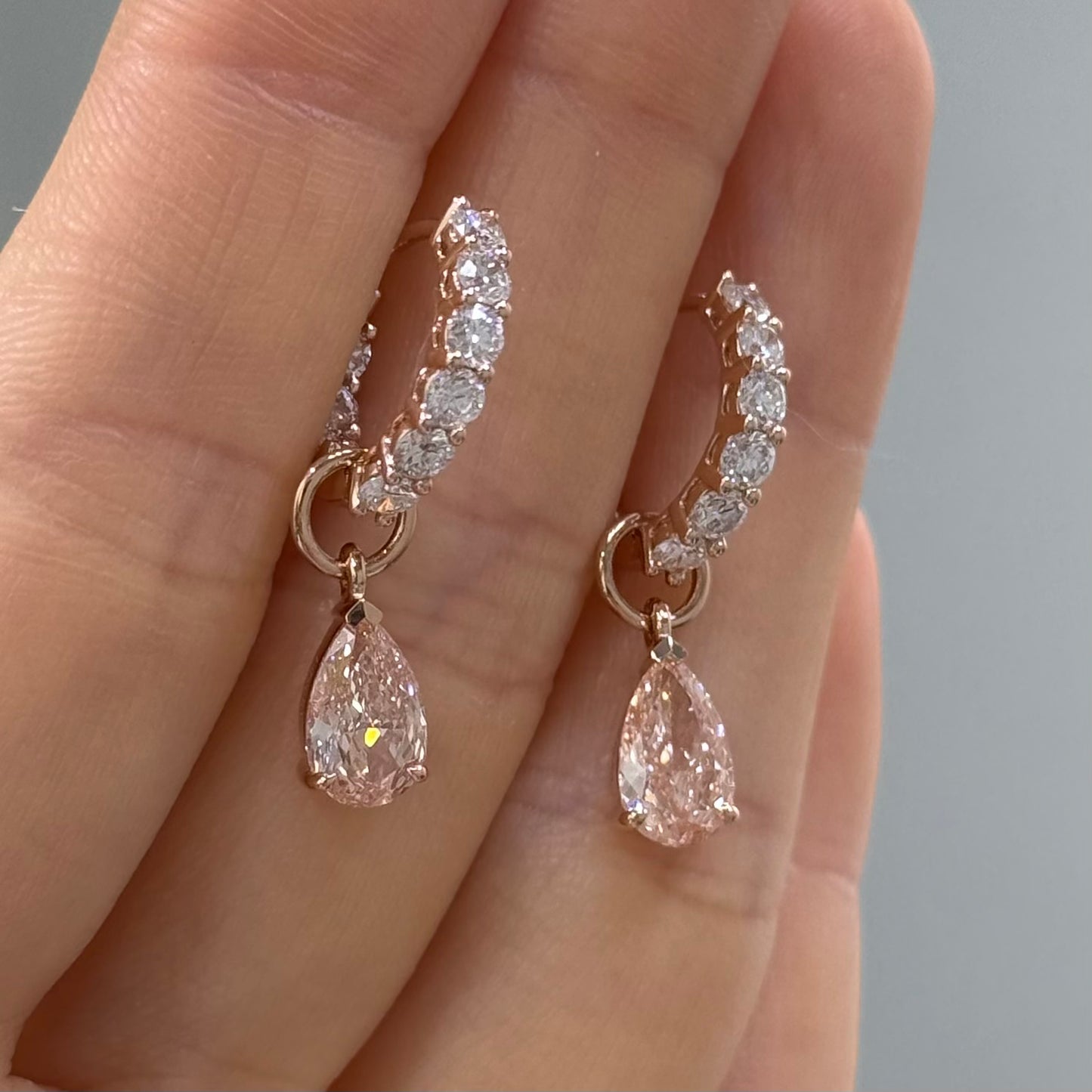 IGI Lab pink diamond Pear shape 2ct with Round 1.3ct double sided diamond huggie 10mm hoop two-way earrings -pair