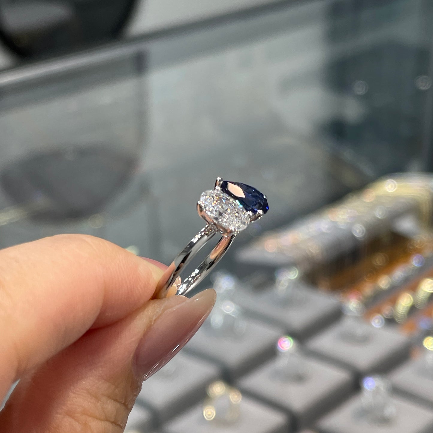 IGI Lab diamond Oval shape 0.9ct with lab sapphire royal blue color Pear Shape 1.4ct toi et moi ring