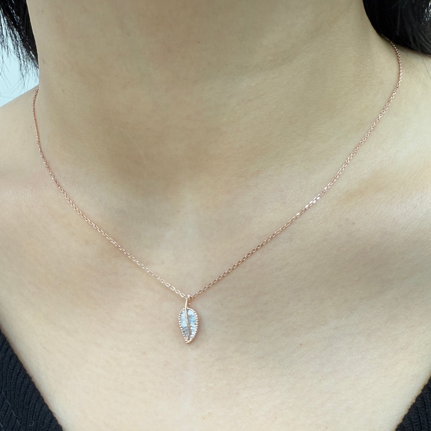Lab diamond Baguette 0.25ct leaf pendant necklace