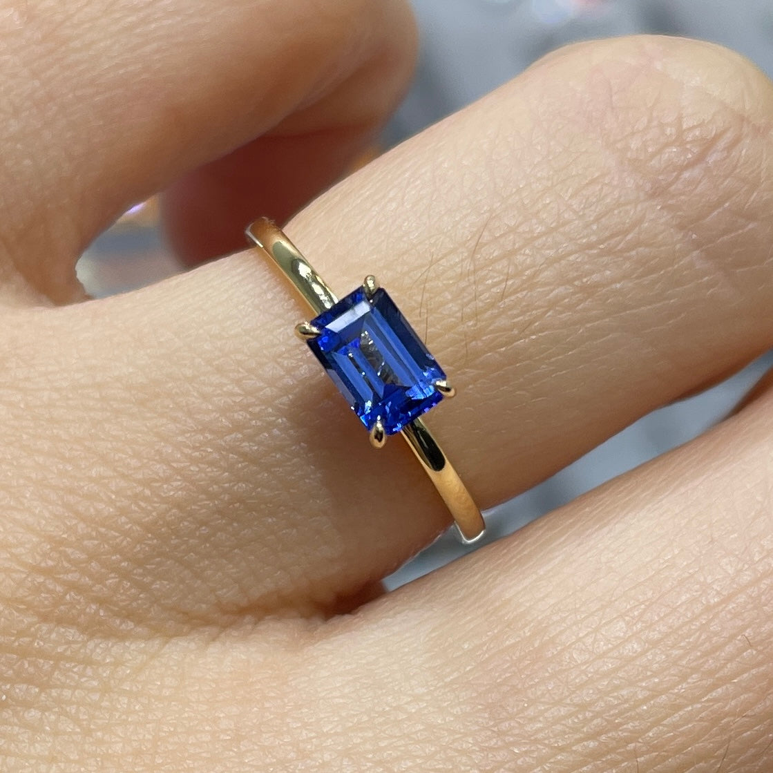 Lab sapphire cornflower color emerald cut 0.9ct solitaire ring