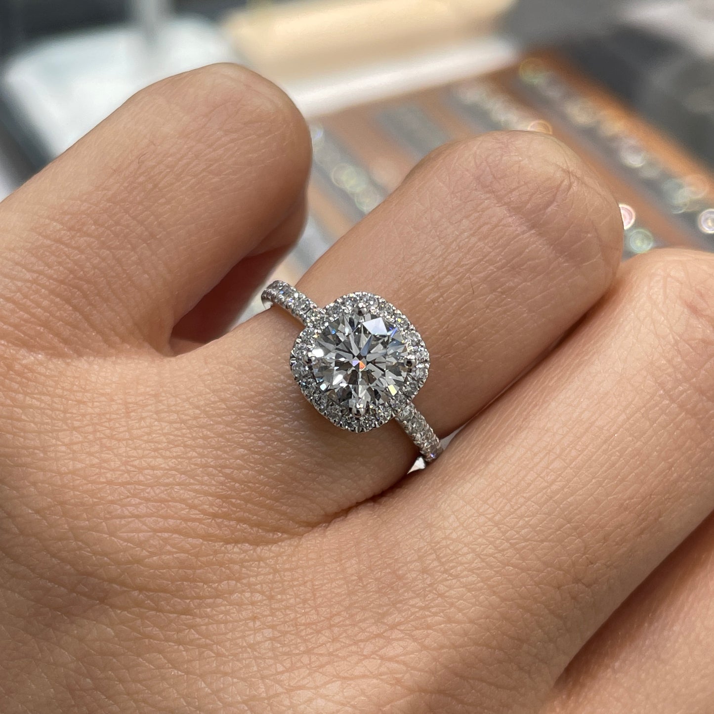 IGI Lab diamond round 1.3ct cushion shape halo two way pave ring