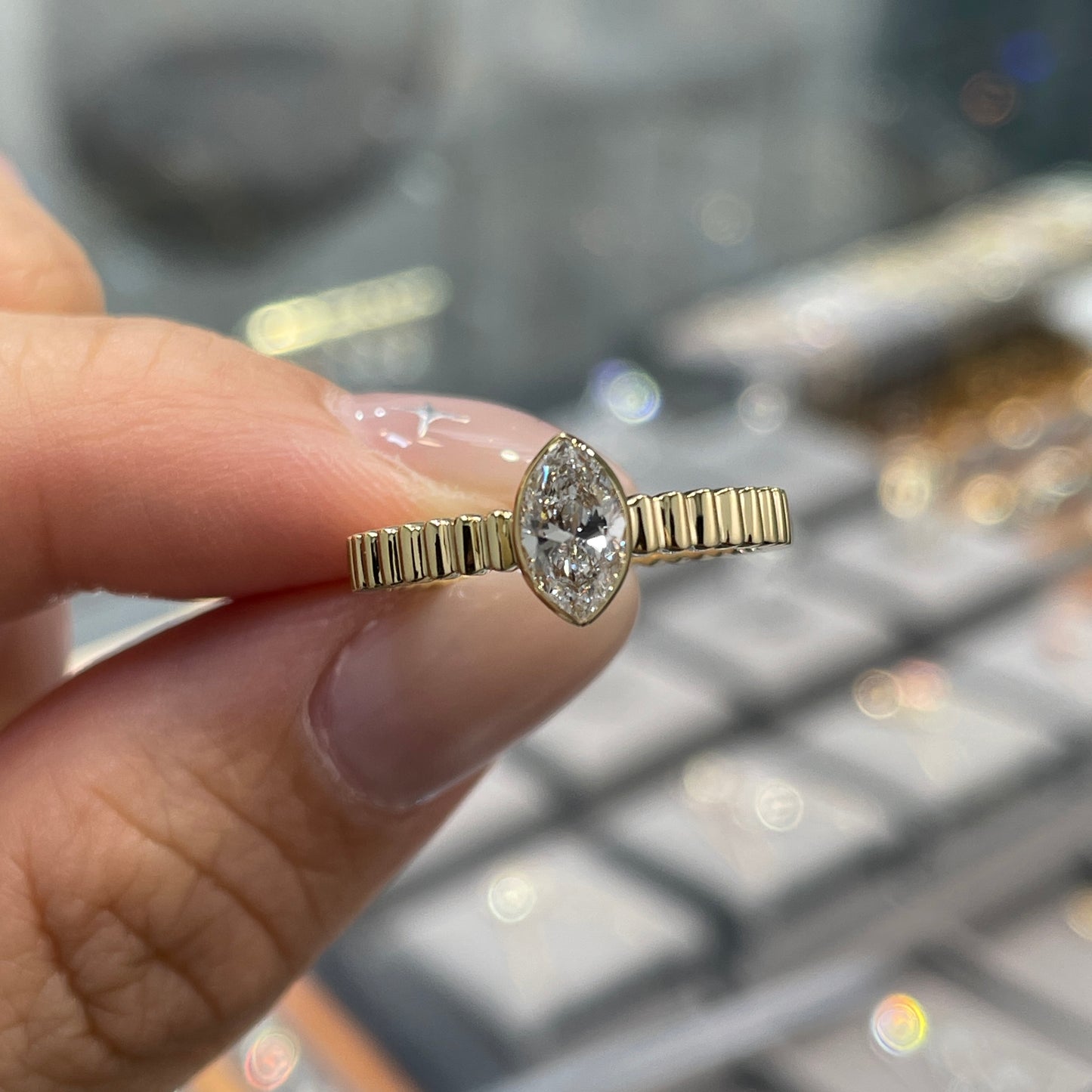 Lab diamond marquise shape 0.5ct bezel straight vertical line band ring