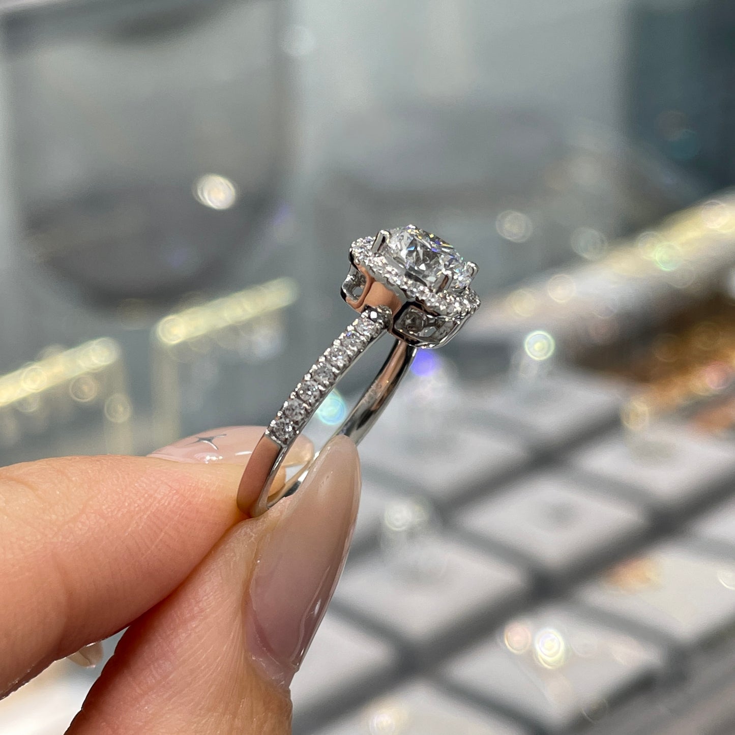 IGI Lab diamond round 1.3ct cushion shape halo two way pave ring