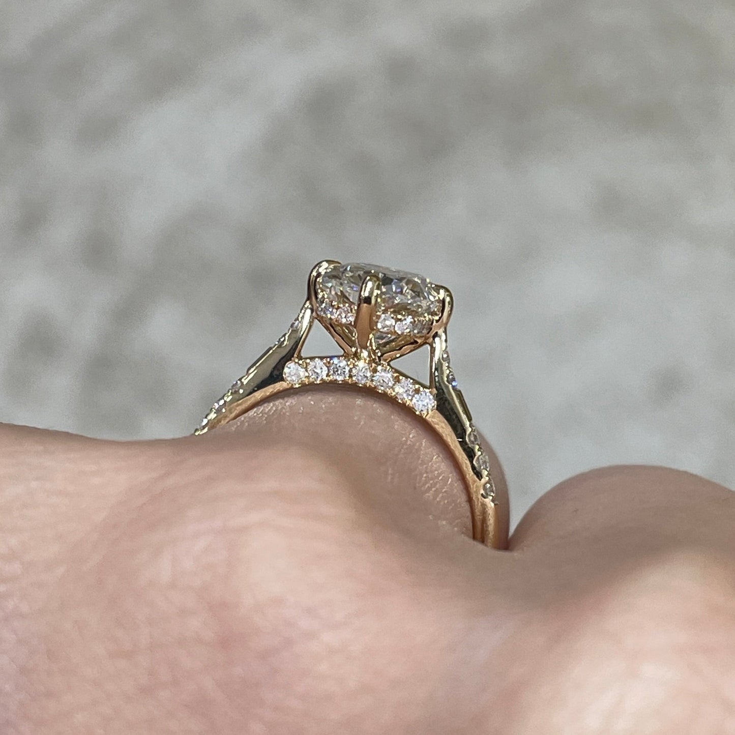 IGI Lab diamond long cushion cut 2.5ct four-prong compass underhalo side stone ring