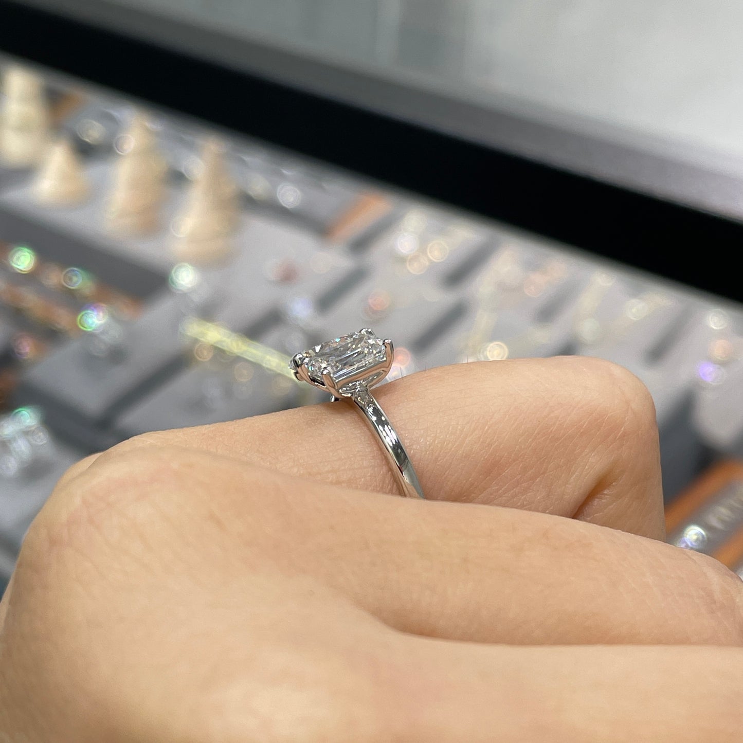 Lab diamond pear shape and emerald cut 2ct toi et moi ring