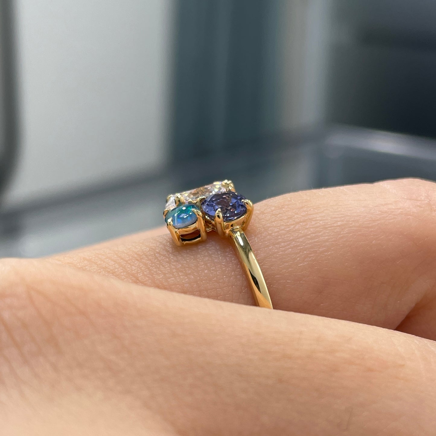 Lab diamond Oval shape with sapphire and natural opal round 1.95ct three stone ring