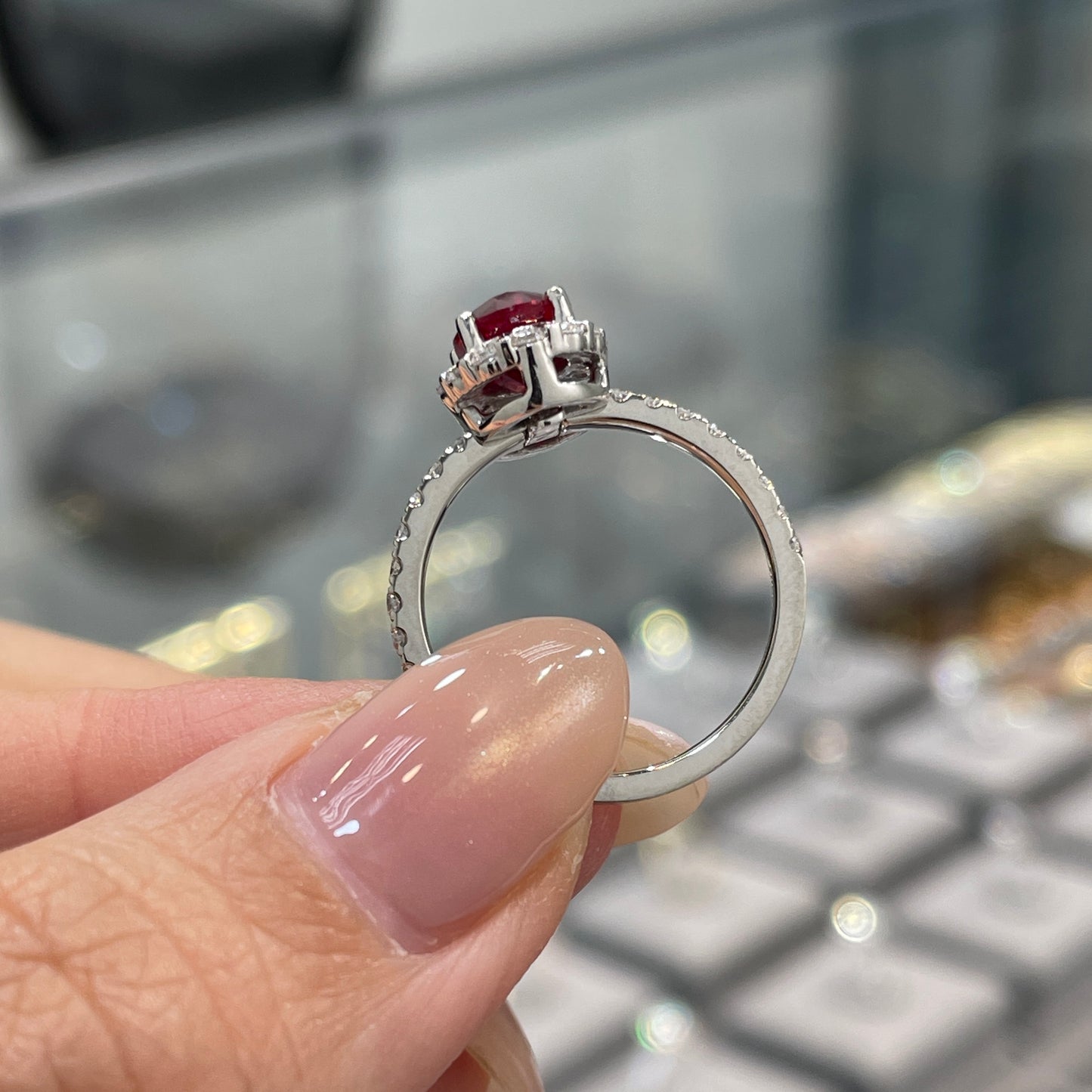 Lab Ruby Oval shape 1.5ct two way halo pave ring