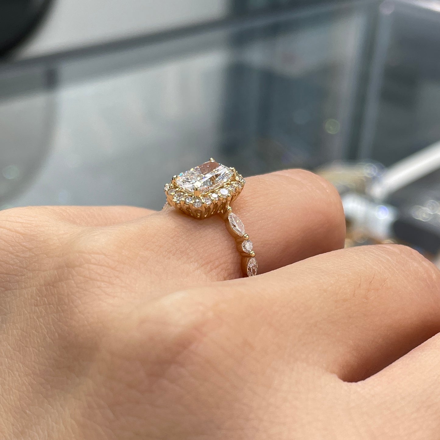 IGI Lab diamond long cushion cut 1.5ct halo with marquise and round mix pave ring