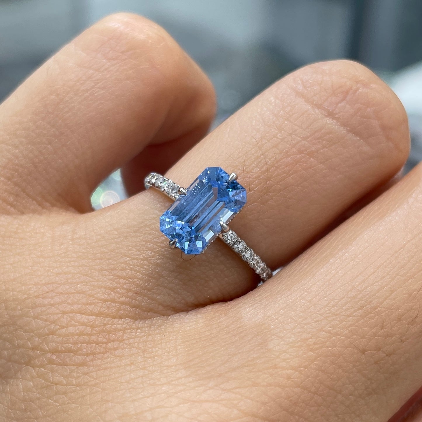 Lab sapphire Santa maria aquamarine emerald cut 2ct four-prong compass under halo pave ring