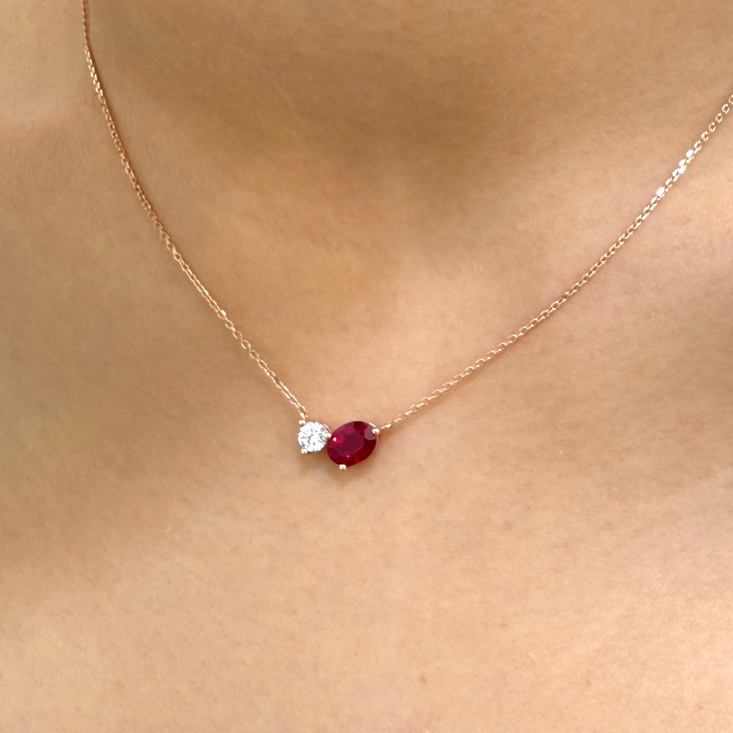 Lab ruby Oval shape 0.9ct with diamond round 0.2ct Toi et moi necklace