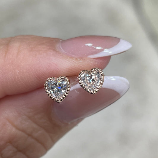 Lab diamond heart shape 0.4ct milgrain bezel stud earrings-pair