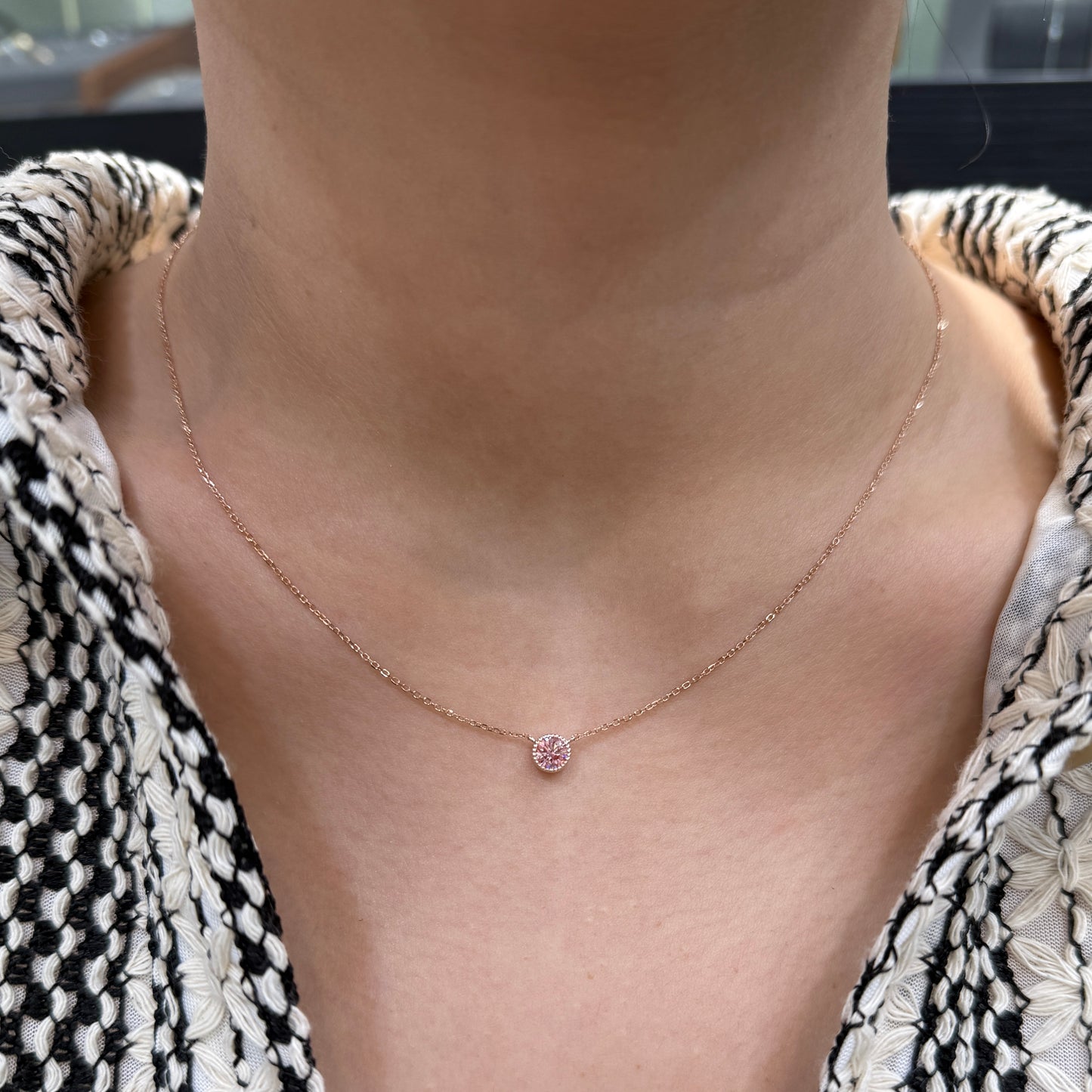 Lab pink diamond round 0.35ct milgrain bezel necklace