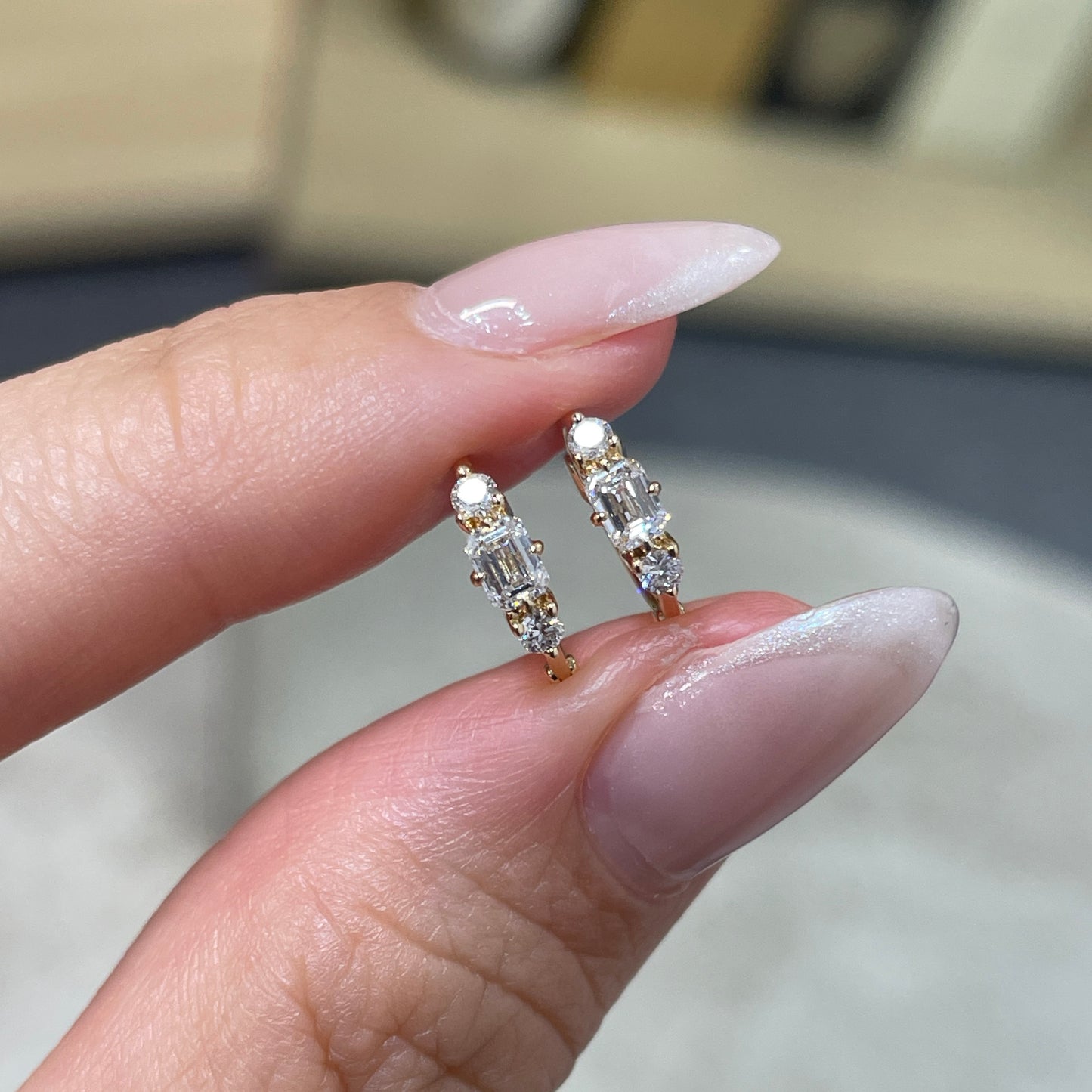 Lab diamond emerald cut and round 0.2ct three stone 9mm thin hoop earring - each