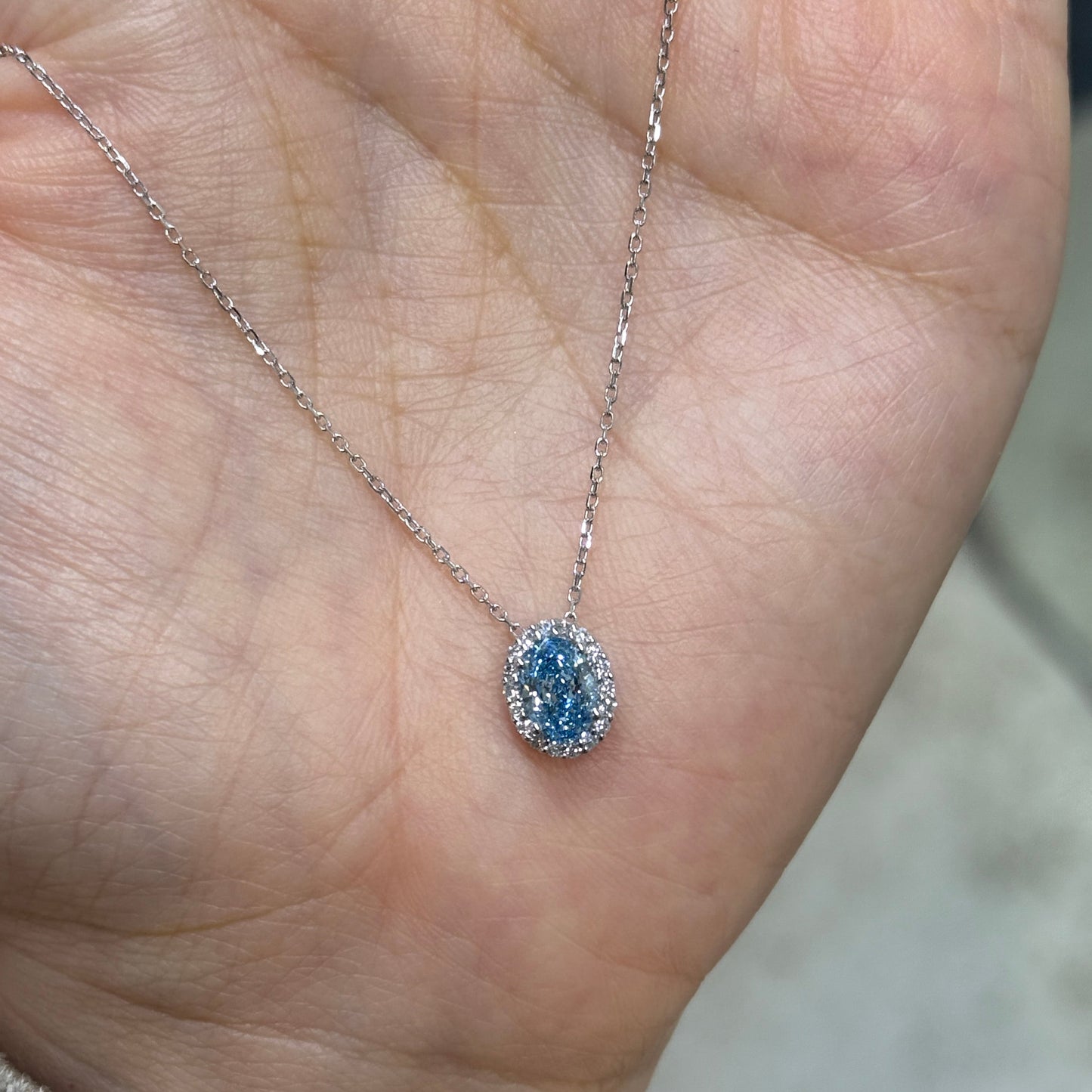 IGI lab blue diamond Oval shape 1ct halo pendant with necklace