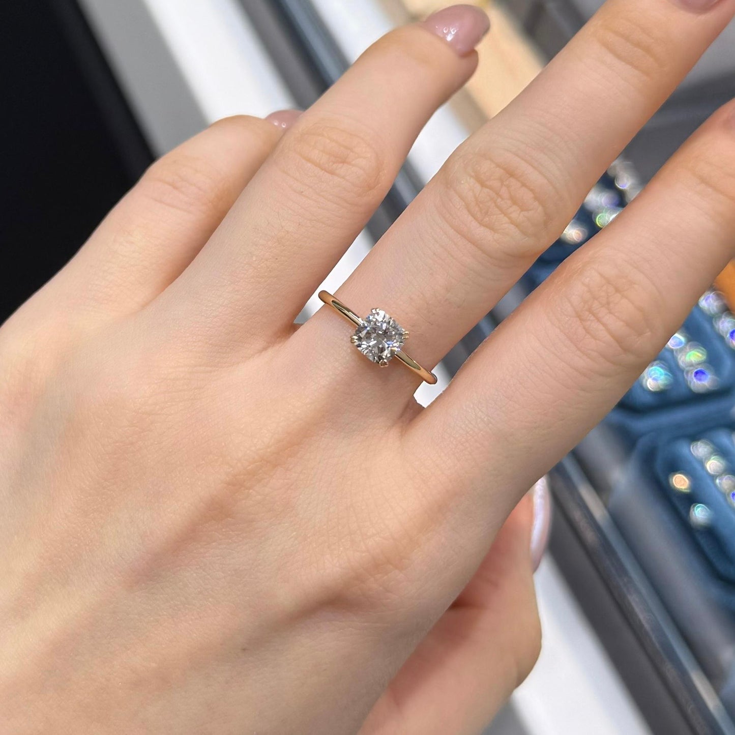 Lab diamond cushion 1ct double-prong skinny band ring