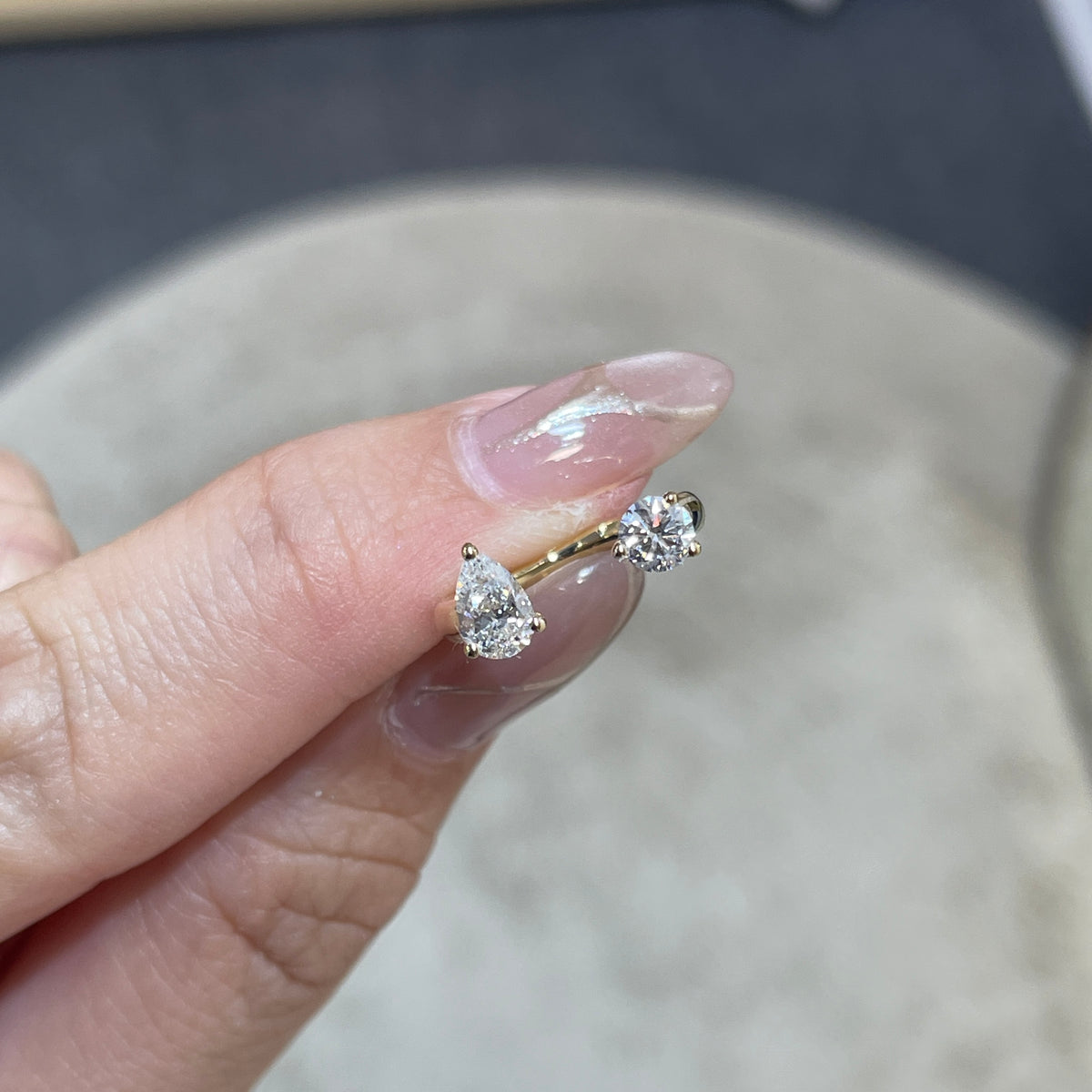 9K Lab diamond Round and Pear 0.5ct duo invisible open pinky ring