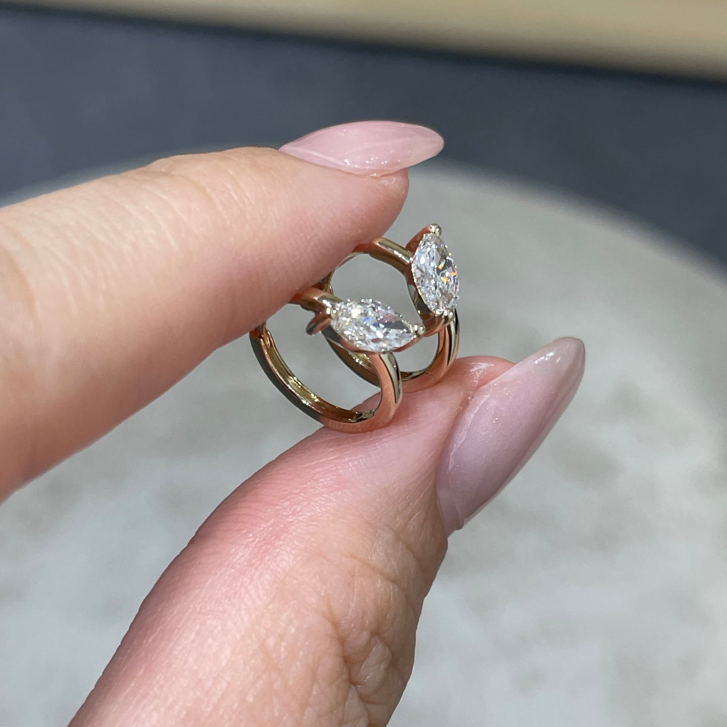 9k Lab diamond marquise shape 0.6ct tilt setting 10mm hoop earrings - pair