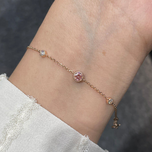 Lab pink diamond round 0.25ct with diamond 0.1ct milgrain bezel bracelet